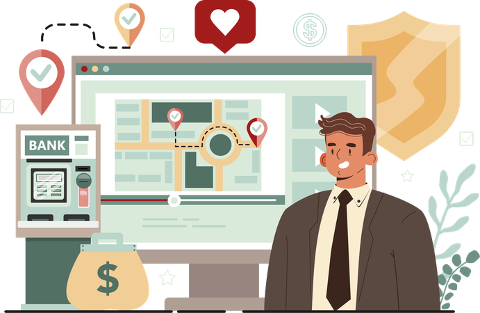 Businessman trying to find bank location  Illustration