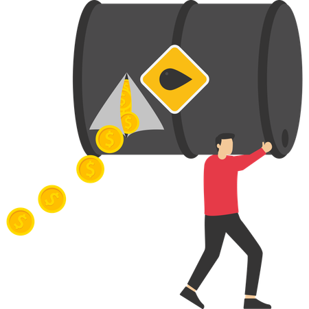 Businessman trying to hold a barrel of oil that has lost coins  Illustration