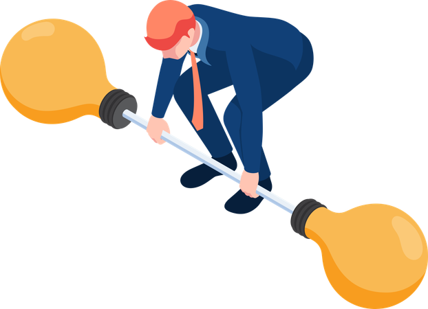 Businessman trying to lift idea barbell weight up  Illustration