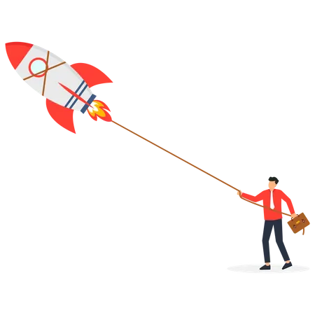 Businessman trying to Pull the Startup Rocket  Illustration