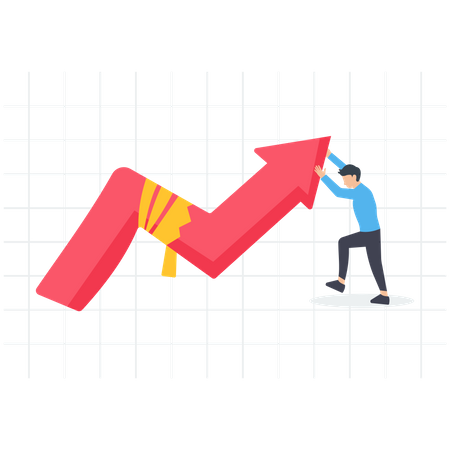 Businessman trying to push arrow graph to point up from stock market crisis  Illustration