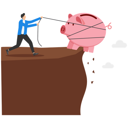 Businessman trying to save his pink piggy bank  Illustration