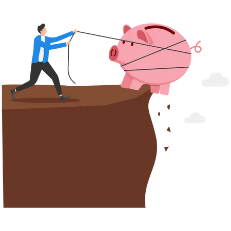 Businessman trying to save his pink piggy bank  Illustration