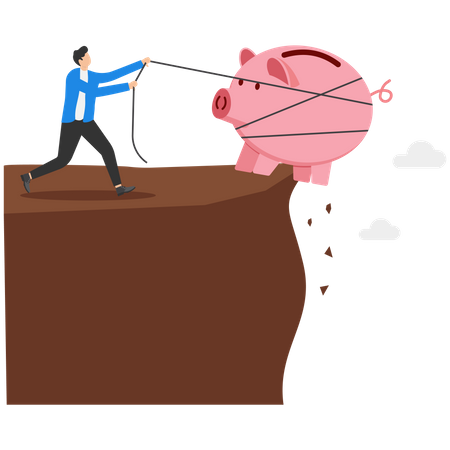 Businessman trying to save his pink piggy bank  Illustration