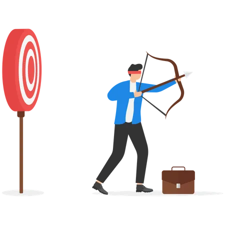 Businessman Trying To Shoot Target With Blindfold Vector Illustration On Concept Of Trying To Achieve Goal Without Vision Concept Illustration