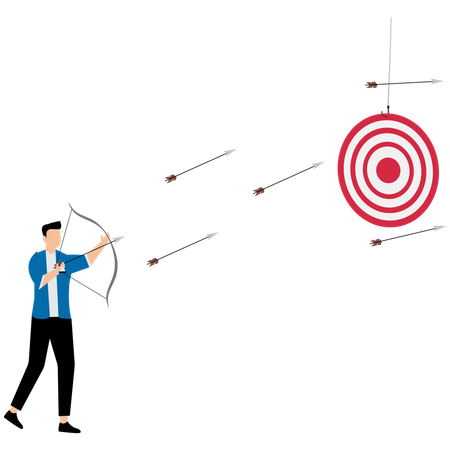 Businessman trying to shoot arrows with bow to hit the bullseye but failed  Illustration