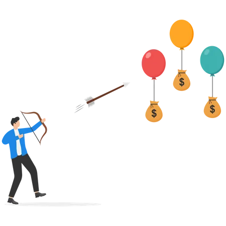 Businessman trying to shoot the balloon with money  Illustration
