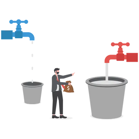 Businesses In Crisis Businessman Trying To Survive During Crisis Businessman And Bucket Illustration