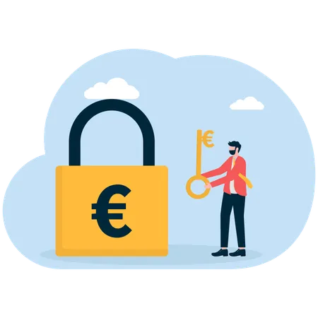 Businessman trying to unlock business deals with success key  Illustration