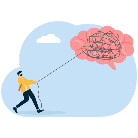 Businessman trying to unravel tangled rope from giant head  Illustration