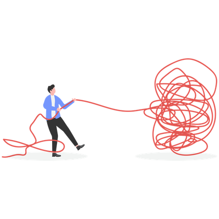 Businessman trying to unravel tangled rope  Illustration