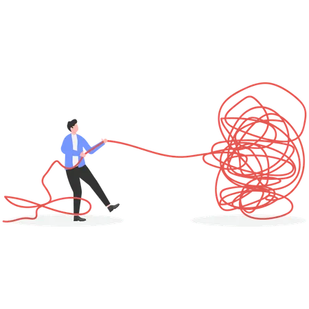 Businessman trying to unravel tangled rope  Illustration