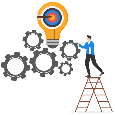 Project Initiation Or Project Execution Research Or Implement Business Idea To See Result Effort To Develop Idea And Business Goal Concept Businessman Turn Cog Wheels To Light Up Lightbulb Idea 일러스트레이션