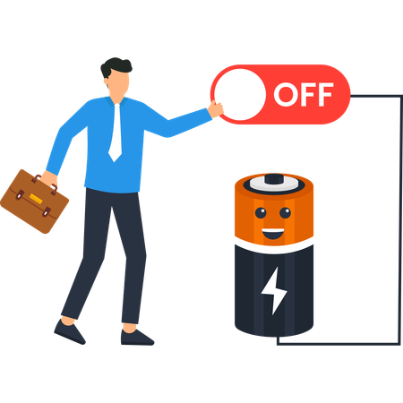 Businessman Turning Off Battery Power Switch  Illustration