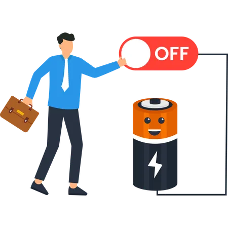 Businessman Turning Off Battery Power Switch  Illustration
