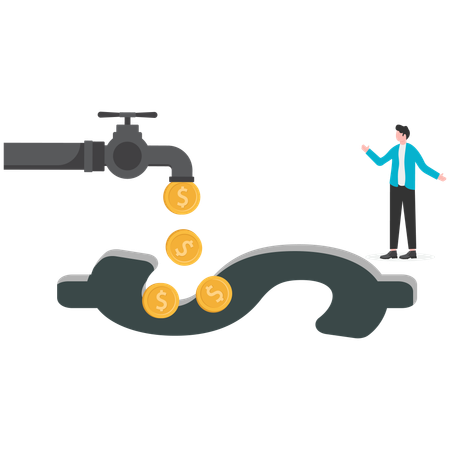 Businessman turning on faucet and filling dollar sign with water  Illustration