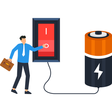 Businessman Turning On Switch to Charge Battery  Illustration