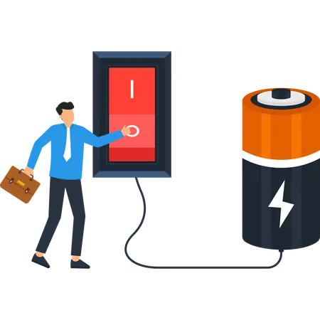 Businessman Turning On Switch to Charge Battery  Illustration