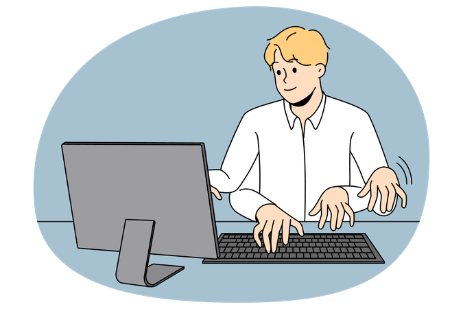 Businessman typing on computer with numerous hands  Illustration
