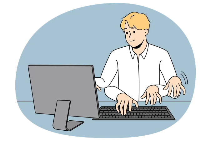Businessman typing on computer with numerous hands  Illustration