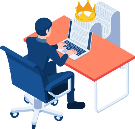 Flat 3 D Isometric Businessman Typing On Laptop With Document And Crown Content Is King And Content Marketing Concept Illustration
