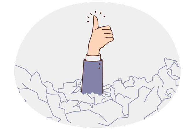 Businessman under paper pile show thumbs up  Illustration