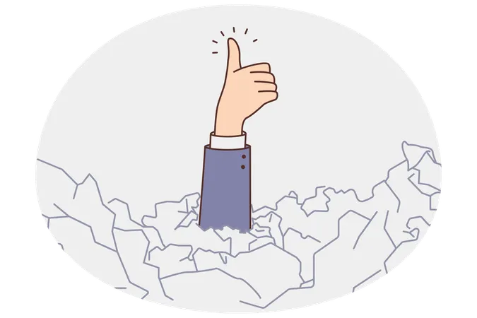 Businessman under paper pile show thumbs up  Illustration