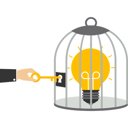 Businessman unlocks idea that is trapped in cage  Illustration