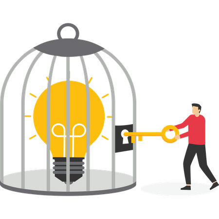 Businessman unlocks idea that is trapped in cage, Vector illustration in flat style  Illustration