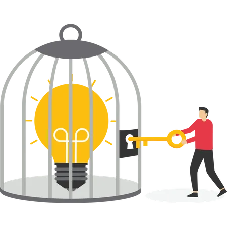 Businessman unlocks idea that is trapped in cage, Vector illustration in flat style  Illustration