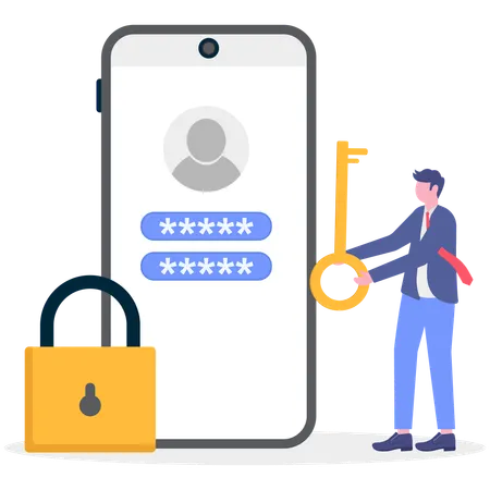 Businessman unlocks online account  Illustration