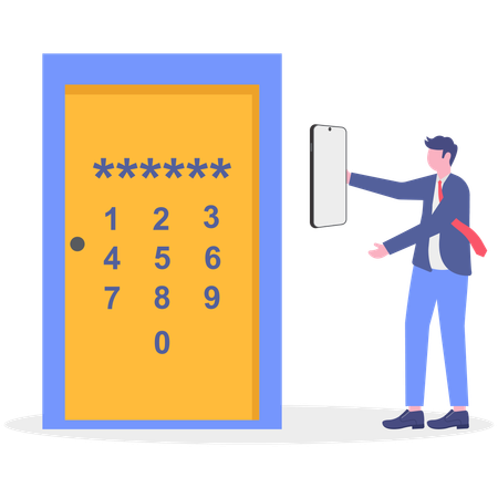 Businessman unlocks phone with digital key  Illustration