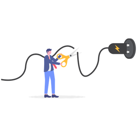 お金を節約するために電源コードを抜くビジネスマン  イラスト