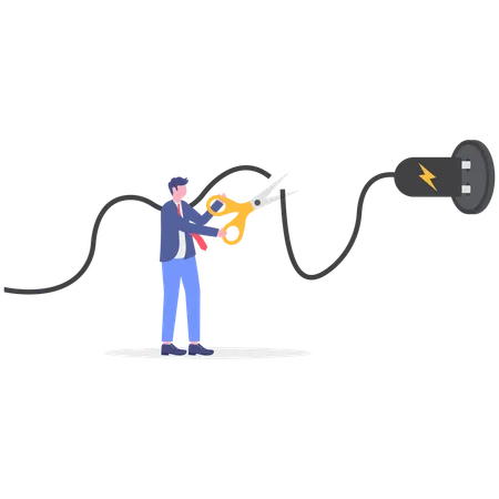 お金を節約するために電源コードを抜くビジネスマン  イラスト
