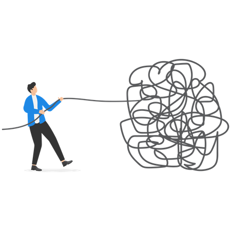 Businessman unraveling tangled rope  Illustration