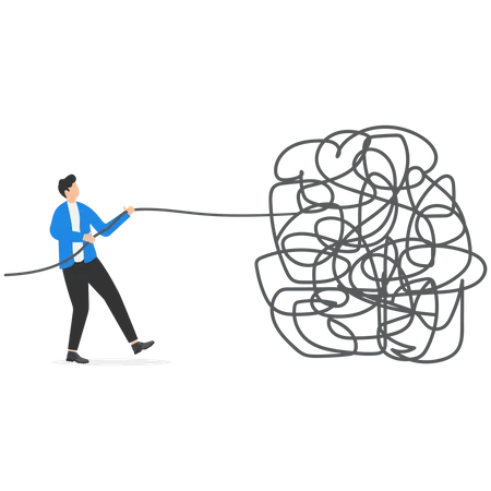 Businessman Unraveling Tangled Rope Difficult Problem Chaos And Mess Vector Business Concept Illustration