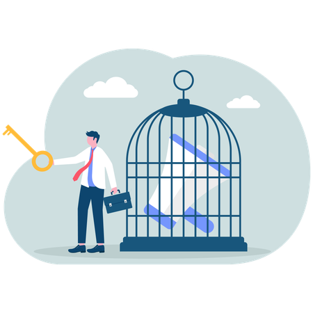 Businessman unravels cannon in cage  Illustration