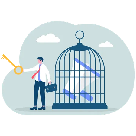 Businessman unravels cannon in cage  Illustration