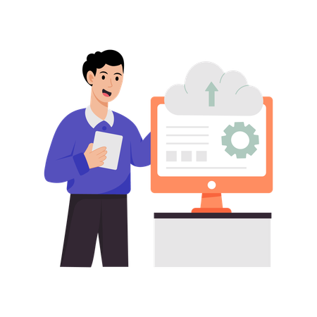 클라우드 설정을 업로드하는 사업가  일러스트레이션