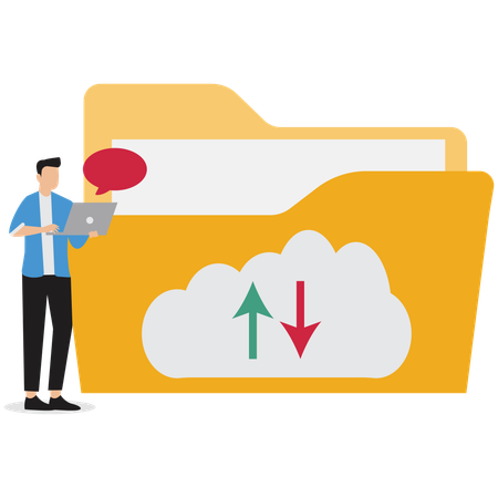 クラウド フォルダにファイルをアップロードするビジネスマン  イラスト