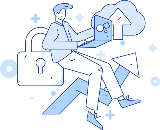 ビジネスマンがサーバーにデータをアップロードする  イラスト