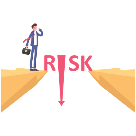 Businessman upset on the word risk over precipice  Illustration