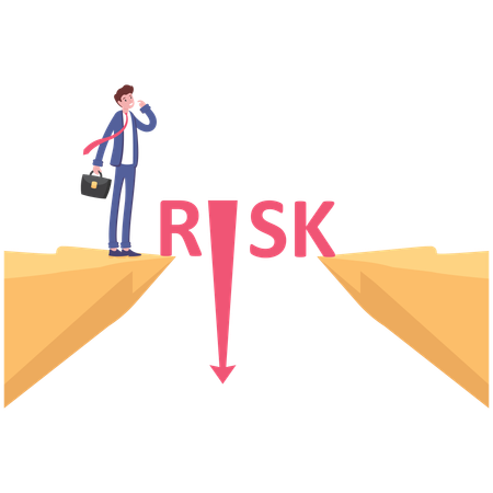 Businessman upset on the word risk over precipice  Illustration