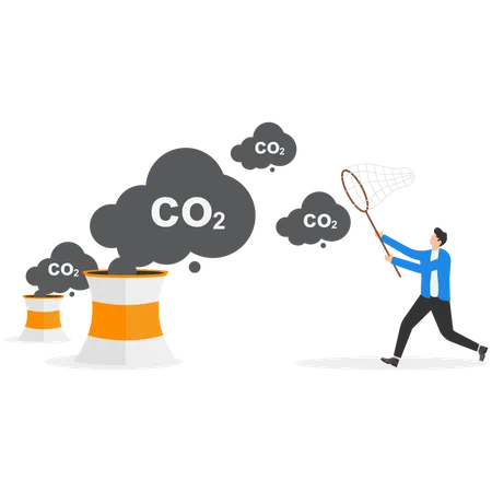 Businessman use a butterfly net to catch gas carbon dioxide symbols  Illustration