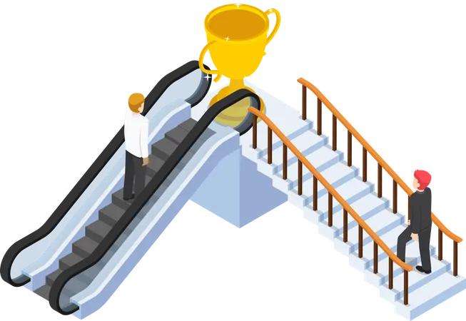 Flat 3 D Isometric Businessman Use Different Way To Success By Escalator And Stair Business Solution And Shortcut To Success Concept Illustration