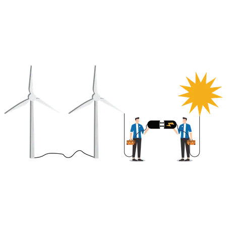 Businessman use energy from windmills to run environmentally friendly businesses  Illustration