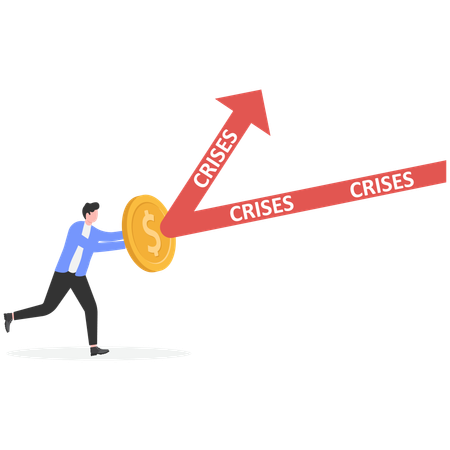 Businessman use golden coin as shield to reflex crisis arrow  Illustration