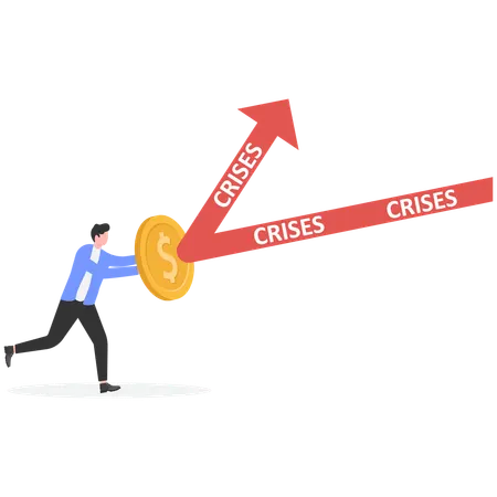 Businessman use golden coin as shield to reflex crisis arrow  Illustration