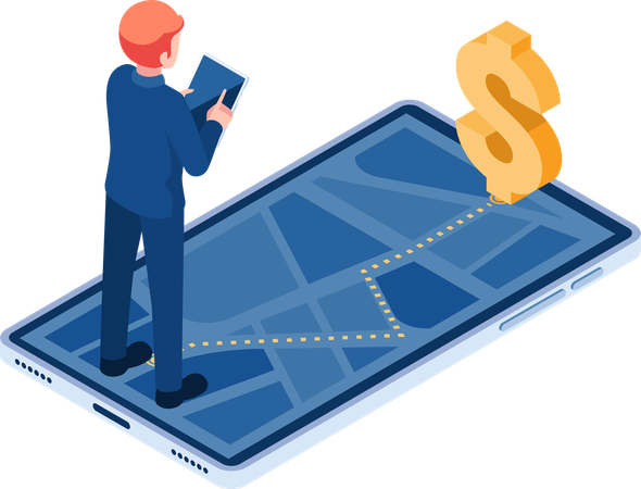 Businessman Use Gps Navigation to Track Money  Illustration