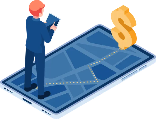 Flat 3 D Isometric Businessman Use Gps Navigation To Track Money Financial Navigation And Internet Marketing Concept Illustration